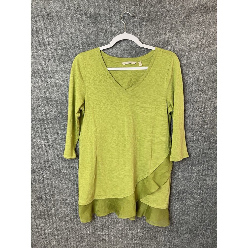 Soft Surroundings Shirt Women's Small Lime Green Quarter Sleeve V-Neck